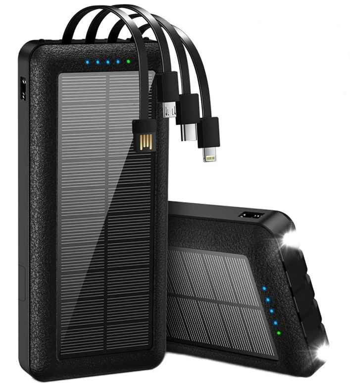 Baterie externa solara cu Cablu Lightning USB-C USB-A și MicroUSB - 10000mAh